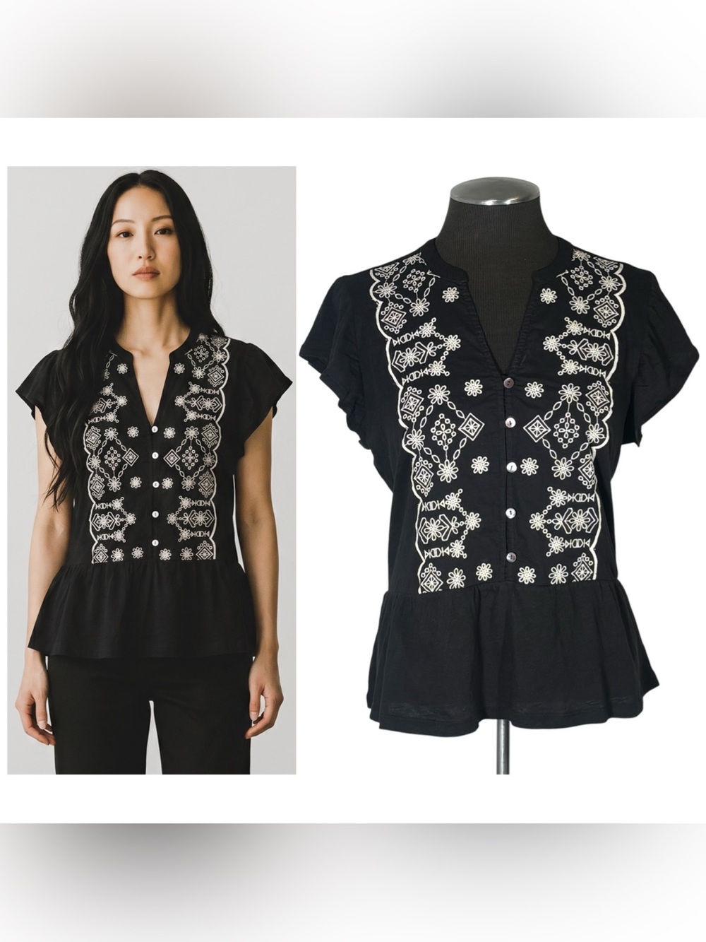 🆕 Lucky Brand – Embroidered Black Cotton Flutter Peplum Top – Medium